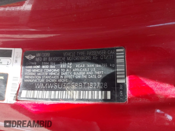 2011 MINI Hardtop with VIN WMWSU3C58BT182728, listed as a IAAI auction lot 42393337 with 142,386 mi miles and . Bid and sale history available at DreamBid. Image 9.