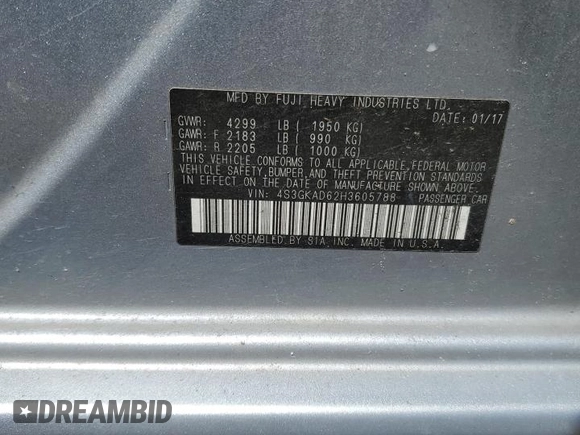 2017 Subaru Impreza Premium with VIN 4S3GKAD62H3605788, listed as a Copart auction lot 52188515 with 70,426 mi miles and Salvage title. Bid and sale history available at DreamBid. Image 12.