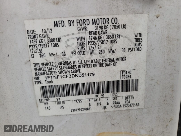 2013 Ford F-150 XL with VIN 1FTNF1CF3DKD51179, listed as a Copart auction lot 43833495 with 209,552 mi miles and Salvage Title. Bid and sale history available at carsss.com. Image 13.