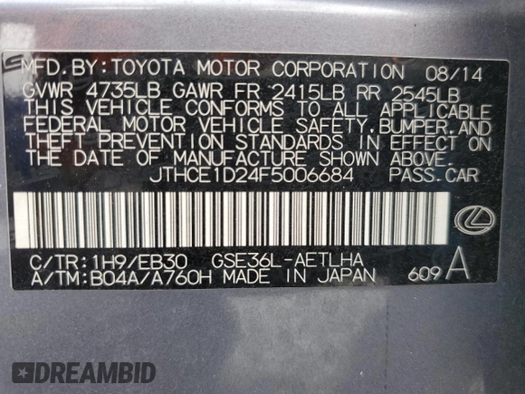 2015 Lexus IS 350 with VIN JTHCE1D24F5006684, listed as a Copart auction lot 59406345 with 116,651 mi miles and Salvage title. Bid and sale history available at DreamBid. Image 12.