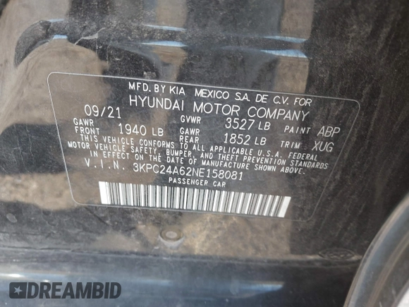 2022 Hyundai Accent SE z VIN 3KPC24A62NE158081, wystawiony jako IAAI lot #41840150 z przebiegiem 46 778 mil mil oraz . Historia ofert i sprzedaży dostępna na DreamBid. Obrazek 9.