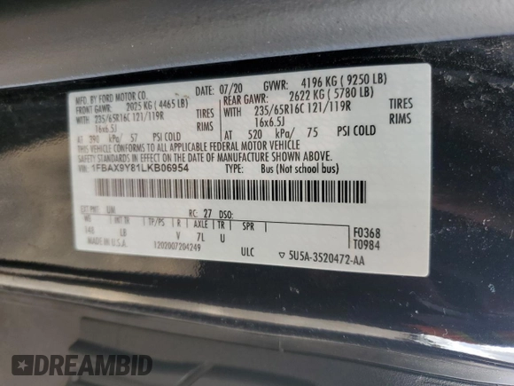2020 Ford Transit Passenger XL with VIN 1FBAX9Y81LKB06954, listed as a Copart auction lot 85022074 with 71,797 mi miles and Salvage Title. Bid and sale history available at DreamBid. Image 15.