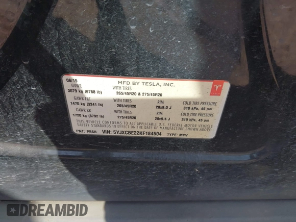 2019 Tesla Model X 75D with VIN 5YJXCBE22KF184504, listed as a IAAI auction lot 41802023 with 137,094 mi miles. Bid and sale history available at carsss.com. Image 9.