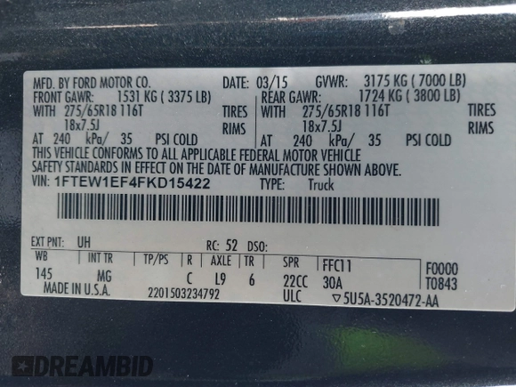2015 Ford F-150 XLT with VIN 1FTEW1EF4FKD15422, listed as a IAAI auction lot 41593431 with 112,102 mi miles. Bid and sale history available at carsss.com. Image 9.