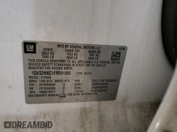 2015 GMC Yukon XL SLT with VIN 1GKS2HKC1FR541866, listed as a Copart auction lot 42756225 with 166,915 mi miles and Salvage Title. Bid and sale history available at carsss.com. Image 13.