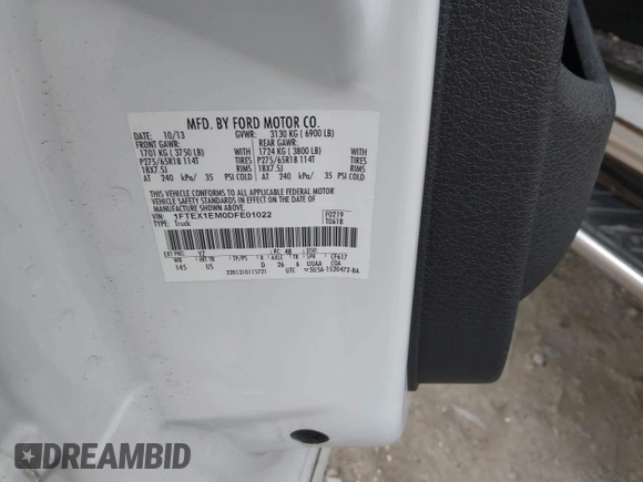 2013 Ford F-150 XL с VIN 1FTEX1EM0DFE01022, выставлен на аукционе IAAI как лот 42101860 с пробегом 153 993 миль миль и . История ставок и продаж доступна на DreamBid. Изображение 9.