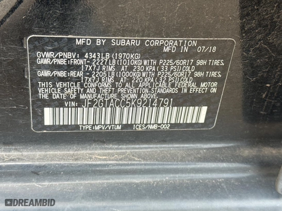2019 Subaru Crosstrek Premium with VIN JF2GTACC5K9214791, listed as a Copart auction lot 84326004 with 87,004 mi miles and Clean Title. Bid and sale history available at carsss.com. Image 10.