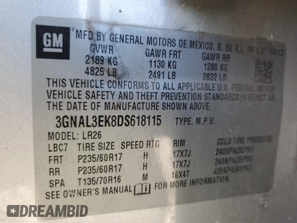 2013 Chevrolet Captiva Sport LT with VIN 3GNAL3EK8DS618115, listed as a Copart auction lot 76502474 with 155,201 mi miles and Clean Title. Bid and sale history available at DreamBid. Image 13.