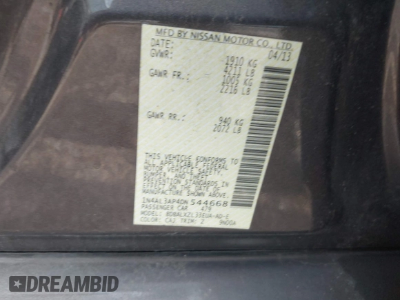 2013 Nissan Altima SV with VIN 1N4AL3AP4DN544668, listed as a IAAI auction lot 42507597 with 221,039 mi miles and . Bid and sale history available at DreamBid. Image 9.