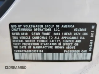 2015 Volkswagen Passat S with VIN 1VWAT7A30FC074164, listed as a Copart auction lot 65852795 with 84,384 mi miles and Salvage title. Bid and sale history available at DreamBid. Image 12.