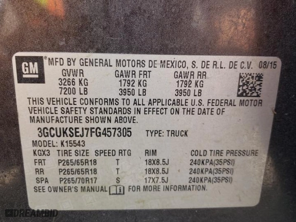 2015 Chevrolet Silverado 1500 LTZ with VIN 3GCUKSEJ7FG457305, listed as a Copart auction lot 62893984 with 0 mi miles and Non Repairable. Bid and sale history available at carsss.com. Image 13.