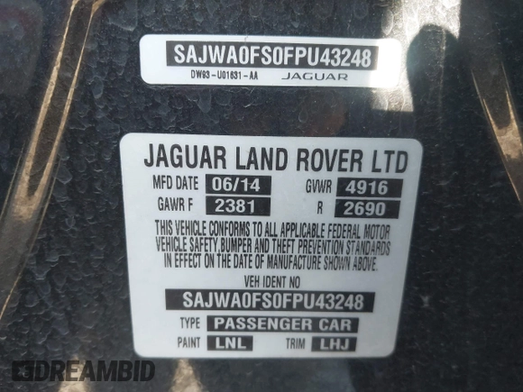 2015 Jaguar XF T Premium with VIN SAJWA0FS0FPU43248, listed as a IAAI auction lot 41977730 with 105,086 mi miles and . Bid and sale history available at DreamBid. Image 9.