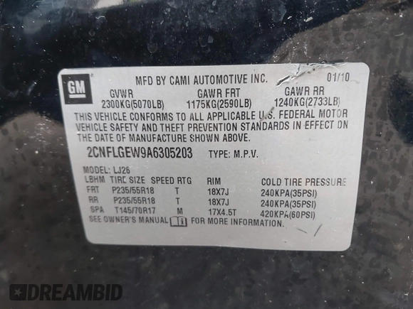 2010 Chevrolet Equinox LTZ with VIN 2CNFLGEW9A6305203, listed as a IAAI auction lot 41490636 with 140,591 mi miles and . Bid and sale history available at DreamBid. Image 9.