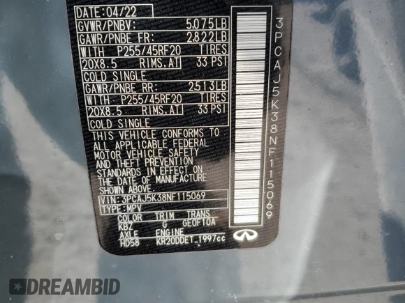 2022 Infiniti QX55 Essential с VIN 3PCAJ5K38NF115069, выставлен на аукционе Copart как лот 87831335 с пробегом 30 940 миль миль и Списание • Salvage title. История ставок и продаж доступна на DreamBid. Изображение 14.