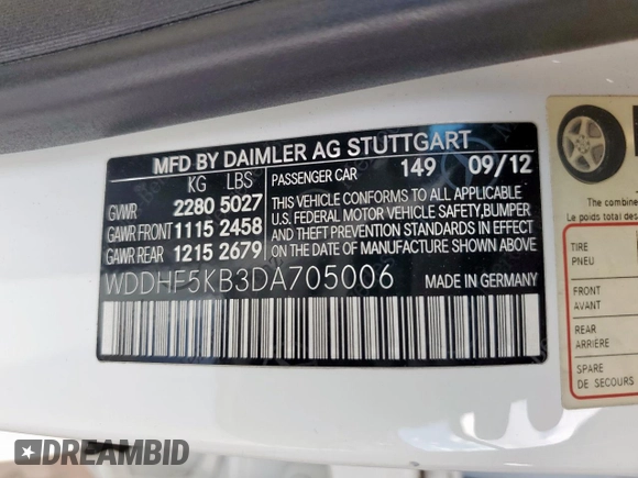 2013 Mercedes-Benz E 350 Luxury with VIN WDDHF5KB3DA705006, listed as a Copart auction lot 50730045 with 128,540 mi miles and Salvage title. Bid and sale history available at DreamBid. Image 12.