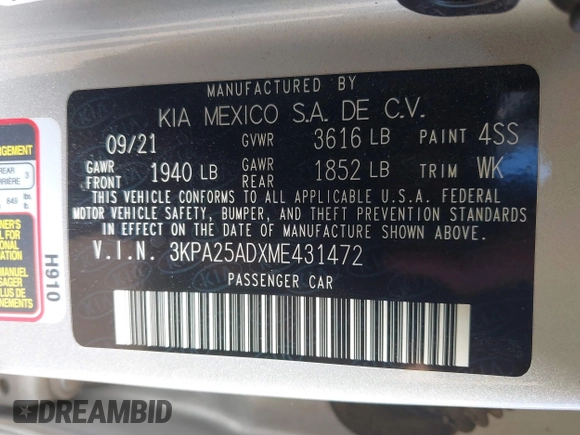2021 Kia Rio S with VIN 3KPA25ADXME431472, listed as a IAAI auction lot 42030475 with 62,279 mi miles and . Bid and sale history available at DreamBid. Image 9.