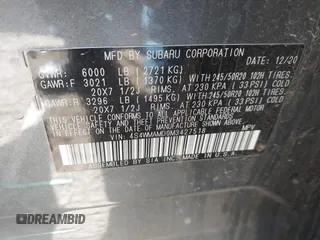 2021 Subaru Ascent Limited with VIN 4S4WMAMD0M3427518, listed as a IAAI auction lot 42115630 with 94,289 mi miles and . Bid and sale history available at DreamBid. Image 9.