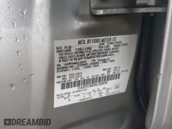 2009 Ford Taurus Limited with VIN 1FAHP25W09G100990, listed as a Copart auction lot 80745234 with 129,692 mi miles and Salvage Title. Bid and sale history available at carsss.com. Image 12.