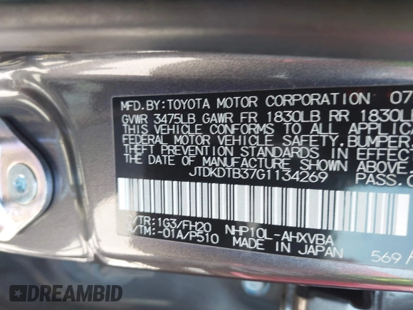 2016 Toyota Prius One z VIN JTDKDTB37G1134269, wystawiony jako IAAI lot #42040779 z przebiegiem 38 443 mil mil oraz . Historia ofert i sprzedaży dostępna na DreamBid. Obrazek 9.