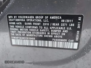 2012 Volkswagen Passat S w/Appearance with VIN 1VWAP7A38CC015458, listed as a IAAI auction lot 41489668 with 159,222 mi miles. Bid and sale history available at carsss.com. Image 9.