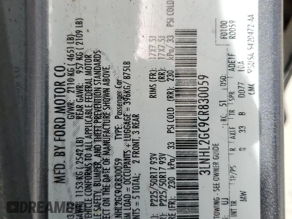 2012 Lincoln MKZ with VIN 3LNHL2GC9CR830059, listed as a Copart auction lot 49129615 with 0 mi miles and Salvage Title. Bid and sale history available at carsss.com. Image 13.