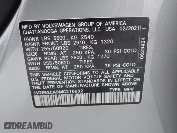 2021 Volkswagen Atlas SEL с VIN 1V2EE2CA9MC216892, выставлен на аукционе IAAI как лот 39943648 с пробегом 54 920 миль миль и . История ставок и продаж доступна на DreamBid. Изображение 9.