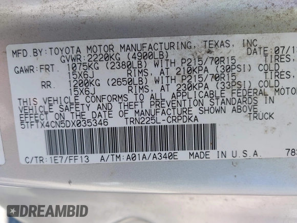 2013 Toyota Tacoma with VIN 5TFTX4CN5DX035346, listed as a IAAI auction lot 41169986 with 177,513 mi miles and . Bid and sale history available at DreamBid. Image 9.