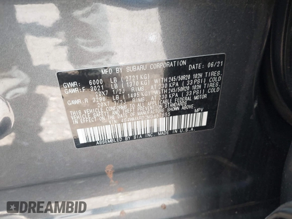 2021 Subaru Ascent Touring z VIN 4S4WMARD2M3457855, wystawiony jako IAAI lot #42412531 z przebiegiem 47 861 mil mil oraz . Historia ofert i sprzedaży dostępna na DreamBid. Obrazek 9.