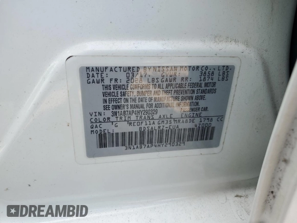 2017 Nissan Sentra SR с VIN 3N1AB7AP4HY290329, выставлен на аукционе Copart как лот 59466955 с пробегом 237 135 миль миль и Списание • Salvage title. История ставок и продаж доступна на DreamBid. Изображение 12.