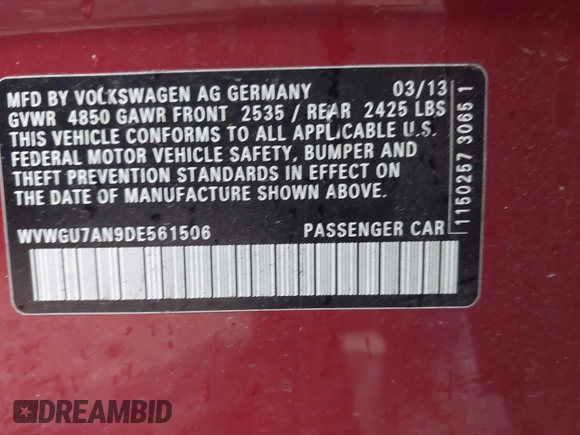 2013 Volkswagen CC VR6 Executive 4Motion with VIN WVWGU7AN9DE561506, listed as a IAAI auction lot 41459074 with 70,128 mi miles. Bid and sale history available at carsss.com. Image 9.