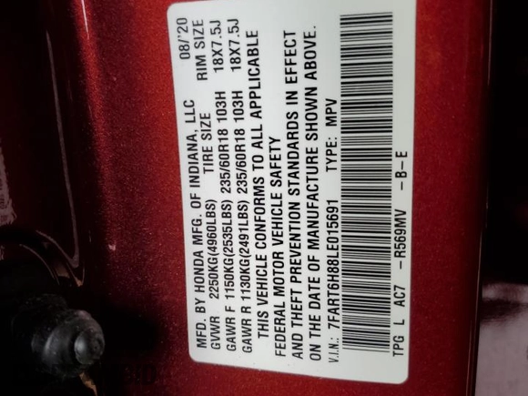 2020 Honda CR-V EX-L with VIN 7FART6H88LE015691, listed as a Copart auction lot 53718345 with 37,991 mi miles and Salvage title. Bid and sale history available at DreamBid. Image 14.