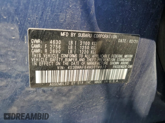 2021 Subaru Legacy Premium z VIN 4S3BWAF64M3014822, wystawiony jako Copart lot #59711825 z przebiegiem 79 595 mil mil oraz Nie do naprawy • Non repairable. Historia ofert i sprzedaży dostępna na DreamBid. Obrazek 12.