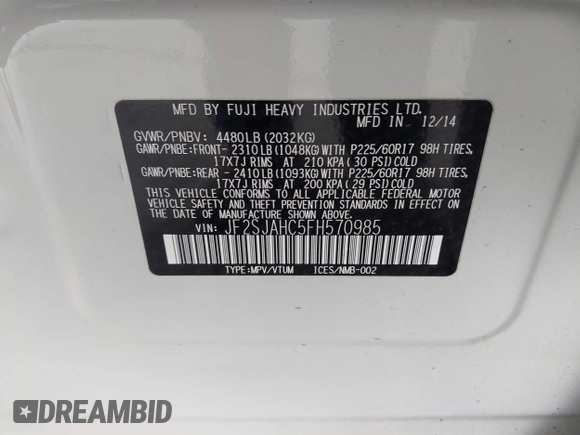 2015 Subaru Forester 2.5i Limited with VIN JF2SJAHC5FH570985, listed as a IAAI auction lot 41950306 with 164,632 mi miles. Bid and sale history available at carsss.com. Image 9.