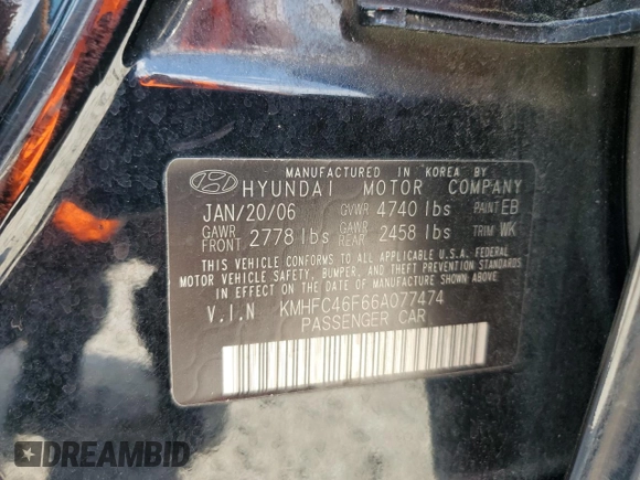 2006 Hyundai Azera SE with VIN KMHFC46F66A077474, listed as a Copart auction lot 54498015 with 211,912 mi miles and Salvage title. Bid and sale history available at DreamBid. Image 12.