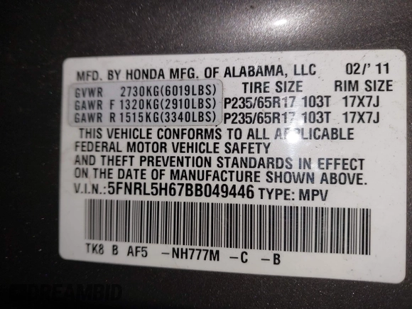 2011 Honda Odyssey EX-L with VIN 5FNRL5H67BB049446, listed as a IAAI auction lot 42116436 with 197,667 mi miles and . Bid and sale history available at carsss.com. Image 9.