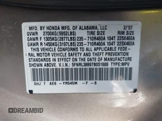 2007 Honda Odyssey Touring z VIN 5FNRL38897B051888, wystawiony jako IAAI lot #42297964 z przebiegiem Nie podano mil oraz . Historia ofert i sprzedaży dostępna na DreamBid. Obrazek 9.