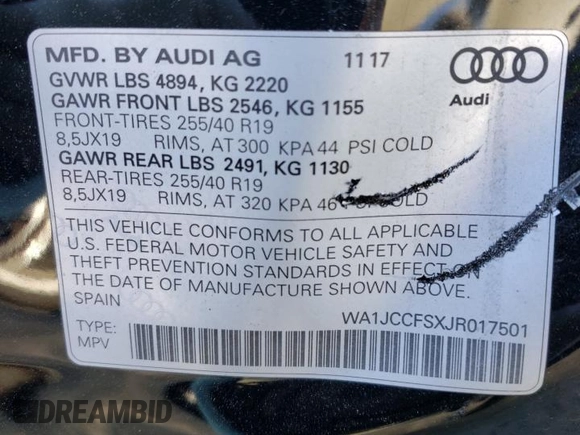 2018 Audi Q3 Premium Plus with VIN WA1JCCFSXJR017501, listed as a Copart auction lot 47624373 with 62,565 mi miles. Bid and sale history available at carsss.com. Image 14.