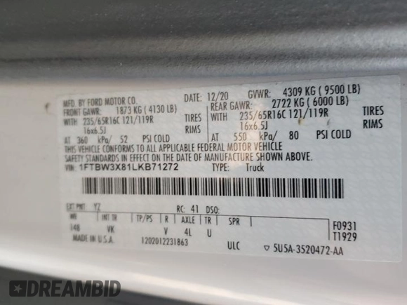 2020 Ford Transit Cargo with VIN 1FTBW3X81LKB71272, listed as a Copart auction lot 49068085 with 22,905 mi miles and Salvage Title. Bid and sale history available at DreamBid. Image 13.