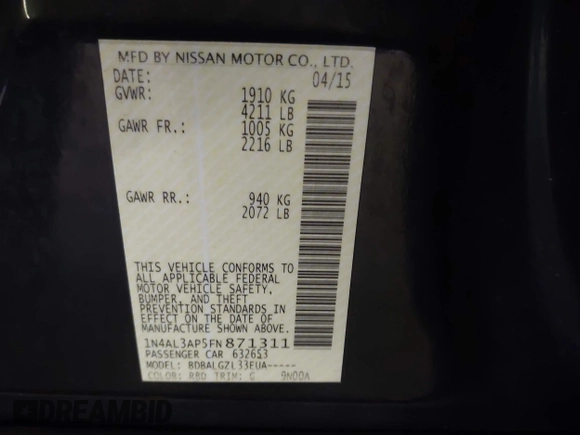 2015 Nissan Altima S with VIN 1N4AL3AP5FN871311, listed as a IAAI auction lot 42145112 with 174,605 mi miles and . Bid and sale history available at carsss.com. Image 9.