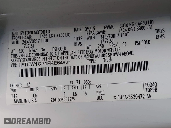 2015 Ford F-150 XL with VIN 1FTEW1CP1FKE64821, listed as a IAAI auction lot 41693457 with 134,240 mi miles. Bid and sale history available at carsss.com. Image 9.