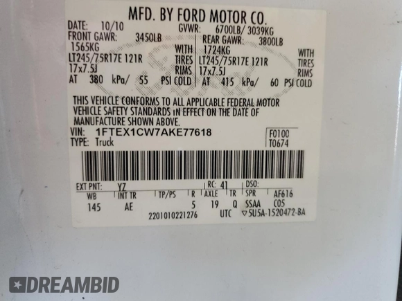 2010 Ford F-150 XL with VIN 1FTEX1CW7AKE77618, listed as a Copart auction lot 55766385 with 190,327 mi miles and Salvage title. Bid and sale history available at DreamBid. Image 12.