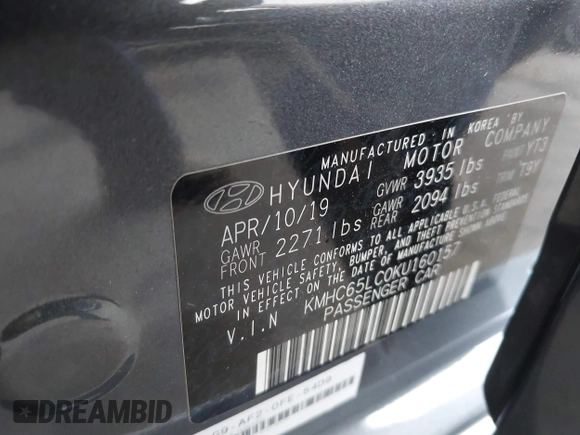 2019 Hyundai Ioniq Blue with VIN KMHC65LC0KU160157, listed as a IAAI auction lot 42040711 with 191,339 mi miles and . Bid and sale history available at DreamBid. Image 9.