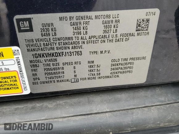 2015 Chevrolet Traverse LT with VIN 1GNKVHKDXFJ131763, listed as a Copart auction lot 61335355 with 103,291 mi miles and Salvage title. Bid and sale history available at DreamBid. Image 13.