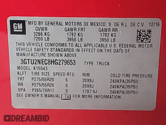2017 GMC Sierra 1500 SLT z VIN 3GTU2NEC8HG279653, wystawiony jako IAAI lot #41988040 z przebiegiem 58 224 mil mil oraz . Historia ofert i sprzedaży dostępna na DreamBid. Obrazek 9.