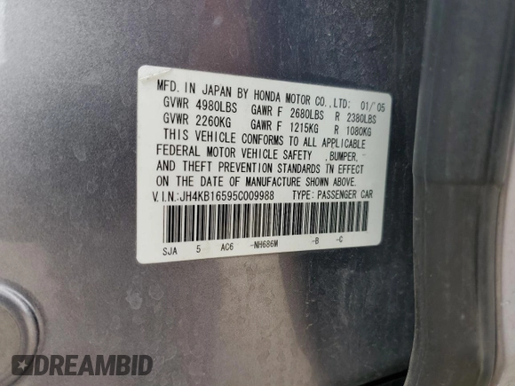 2005 Acura RL with VIN JH4KB16595C009988, listed as a Copart auction lot 54700185 with 189,486 mi miles and Salvage title. Bid and sale history available at DreamBid. Image 12.
