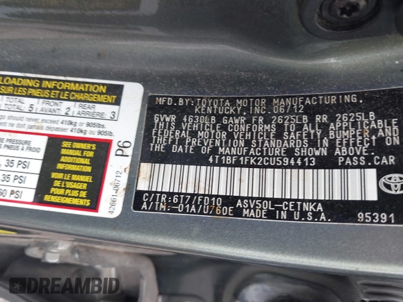 2012 Toyota Camry L with VIN 4T1BF1FK2CU594413, listed as a IAAI auction lot 42094133 with 170,694 mi miles. Bid and sale history available at carsss.com. Image 9.