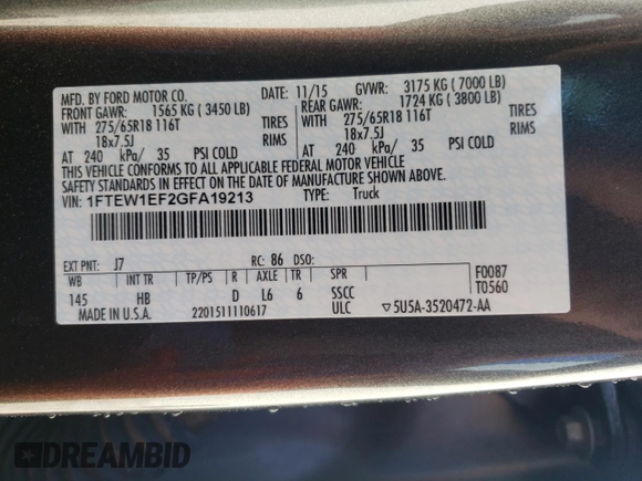 2016 Ford F-150 XLT with VIN 1FTEW1EF2GFA19213, listed as a Copart auction lot 49308655 with 122,838 mi miles and Salvage Title. Bid and sale history available at DreamBid. Image 13.