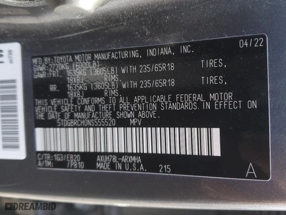 2022 Toyota Highlander Hybrid XLE with VIN 5TDGBRCH0NS555520, listed as a Copart auction lot 46506565 with 40,900 mi miles and Salvage Title. Bid and sale history available at carsss.com. Image 13.