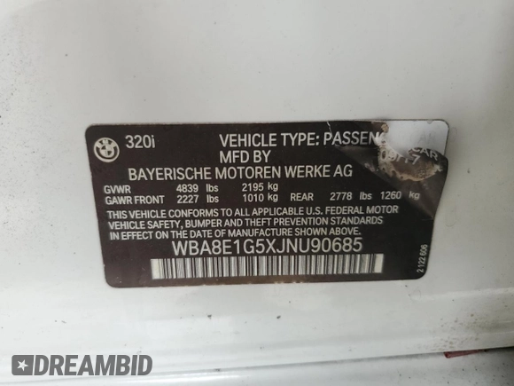 2018 BMW 3 Series 320i with VIN WBA8E1G5XJNU90685, listed as a Copart auction lot 62643604 with 84,614 mi miles and Salvage Title. Bid and sale history available at DreamBid. Image 12.