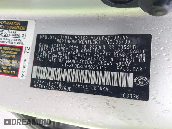 2010 Toyota Camry with VIN 4T4BF3EK6AR025015, listed as a IAAI auction lot 41702117 with 130,515 mi miles and . Bid and sale history available at DreamBid. Image 9.